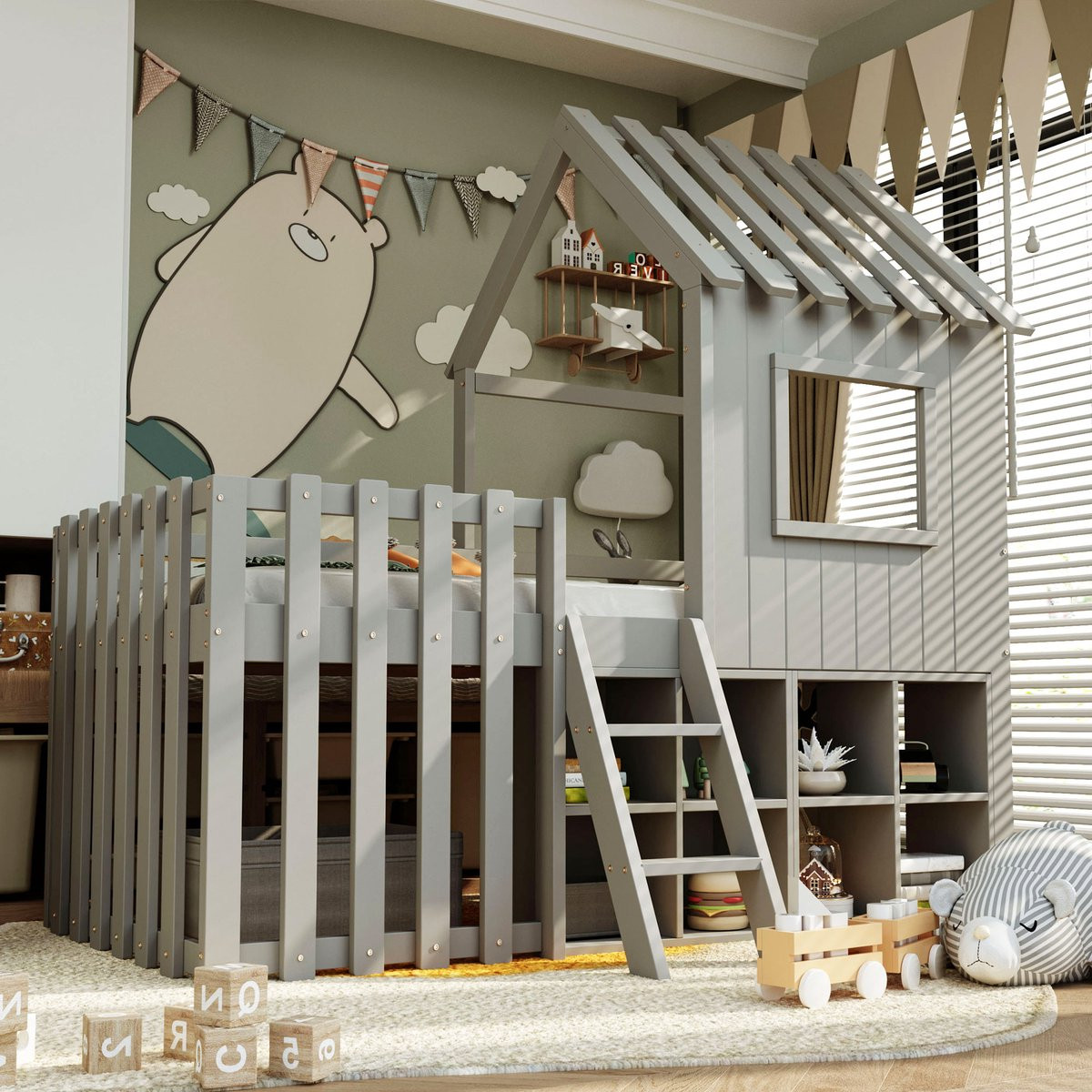 MIVRAY Kinderhoogbed met dak, raam en opbergruimte, massief hout, Grijs, B/D: 90 x 200 cm