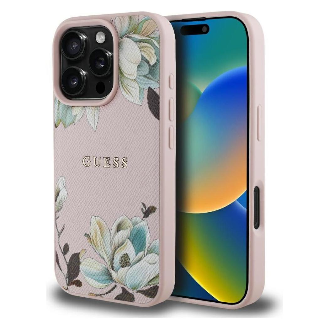 Guess Grained Printed Flower Pattern MagSafe Case for iPhone 16 Pro Pink (Apple iPhone 16 Pro) (GUE004431-0)