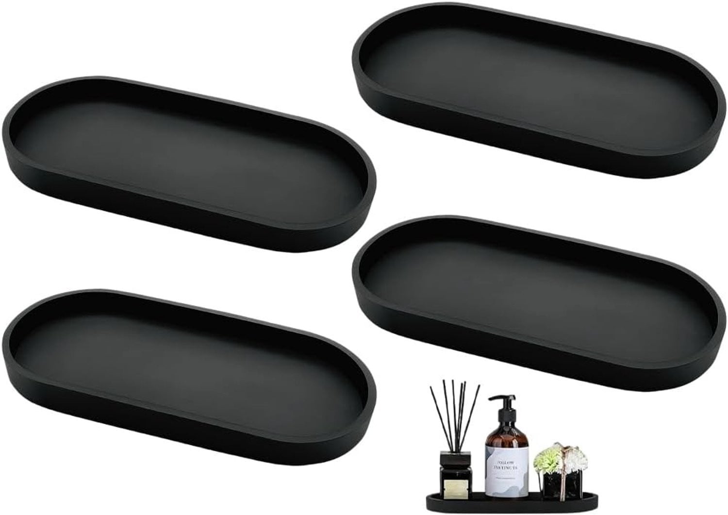 Decoratieve Badkamer Tray Set van 4, Zwarte Silicone Opbergtrays voor Badkamer, Keuken en Dressoir, Rectangulaire Vorm