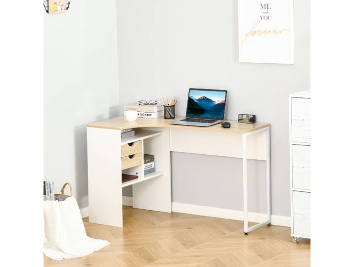 HOMCOM Bureau d'Angle Informatique Tiroirs Chêne Clair Blanc
