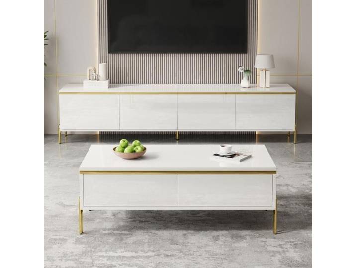 Ensemble meuble TV - KOMHTOM - Ensemble TV 170 cm & table basse 100 cm - Blanc laqué - Pieds dorés - Grand rangement