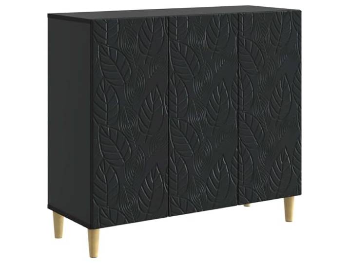 GKMBCVDFR Sideboard Schwarz 89 x 34,5 x 80 cm Holzwerkstoff Vintage Design, Eukalyptusbeine Braun, Pendeltüren, Regale, Pflegeleicht