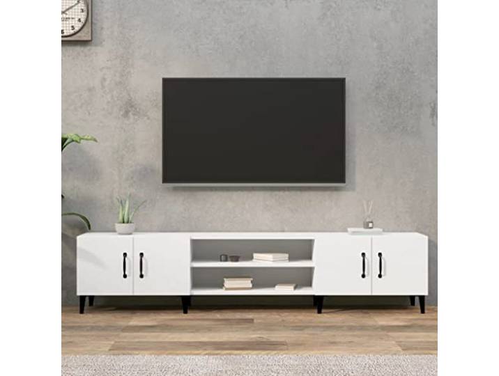 HEFZGDB TV-Schrank Weiß 180x31,5x40 cm Holzwerkstoff mit 4 Fächern und 4 Türen, Moderner Medientisch mit Metallfüßen, Stauraum Lösung, Langlebiges Wohnzimmer Möbelstück