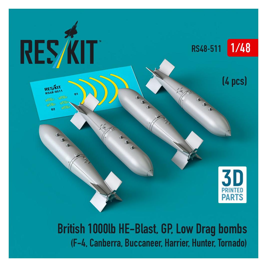 ResKit British 1000lb HE-Blast, GP, Low Drag bombs (4 pcs) (F-4, Canberra, Buccaneer, Harrier, Hunter, Torn (RS48-0511)