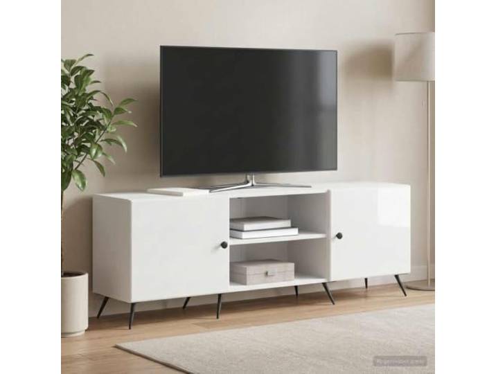TV-Schrank 150 x 31 x 50 cm Hochglanz Weiß Holzwerkstoff Lowboard mit Türen Vintage Design, Metallbeine, Pendeltüren, pflegeleichte Oberfläche, robuste Bauweise