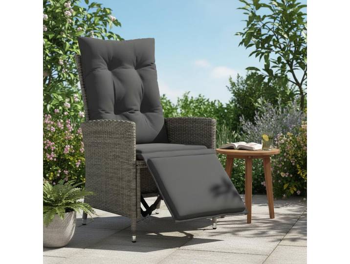 Chaise longue de jardin inclinable avec coussins en résine grise, chaise longue de patio en rotin pour l'extérieur