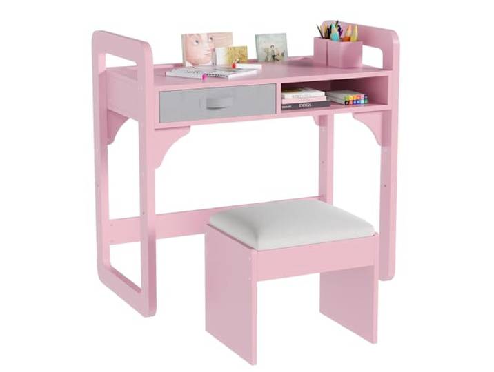 Garvee Kinderschreibtisch aus MDF, Stabiler Lerntisch für Kinder, kompakter Schreibtisch mit Ablage, platzsparendes Design für Lernen, Lesen & Schreiben, Rosa