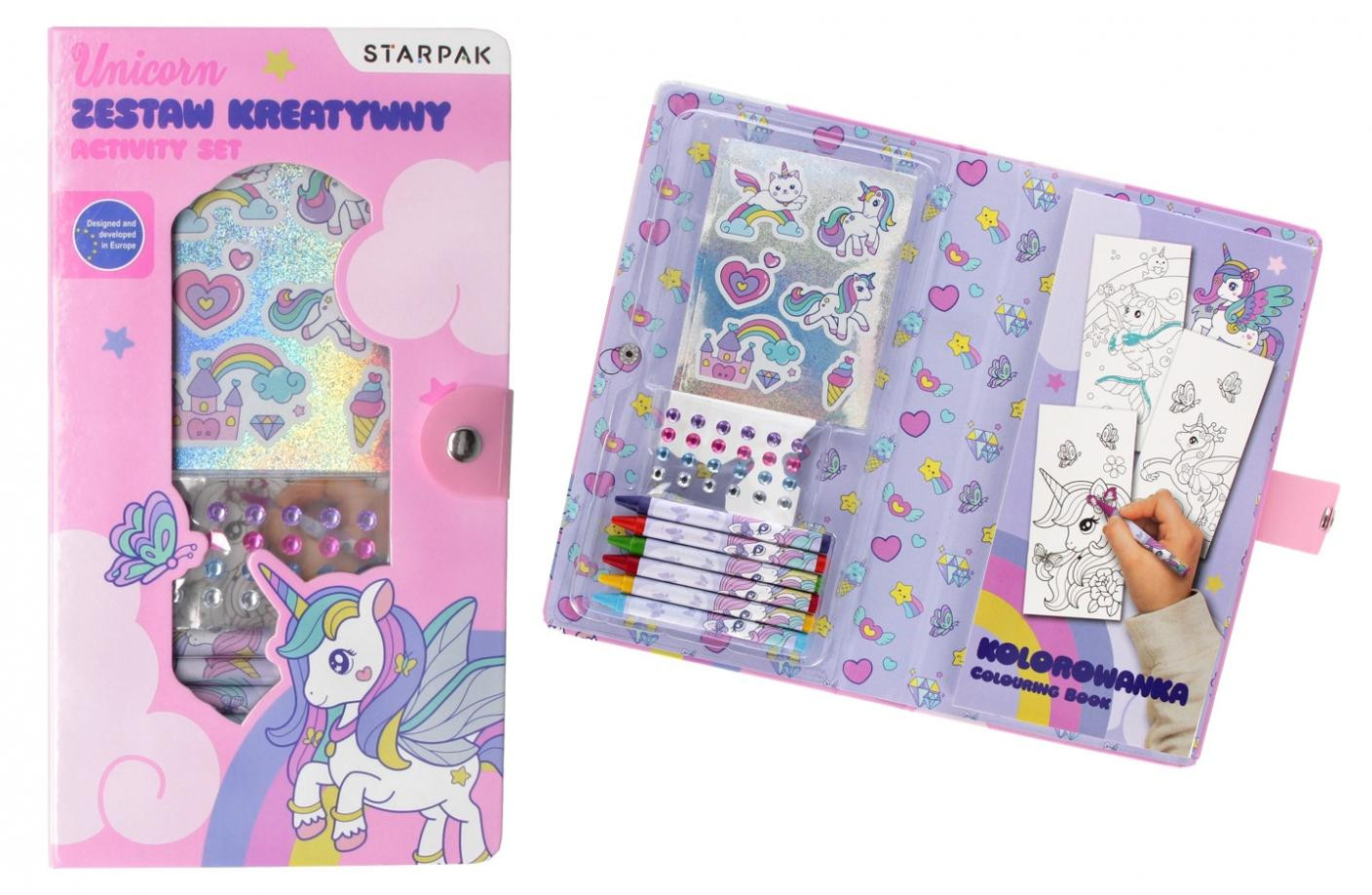 Euro-Trade Creatieve knutselset met stickers, kleurpotloden en strasssteentjes – Eenhoorn Starpak 552493
