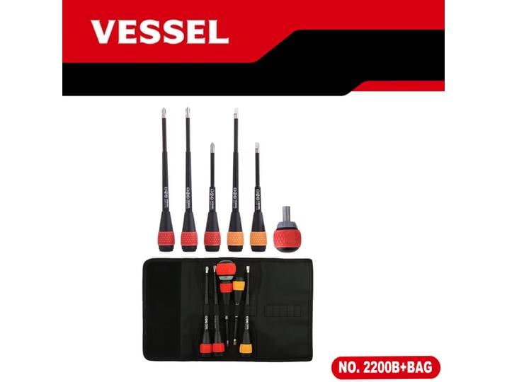 VESSEL 2200B – Ensemble de 6 tournevis à cliquet avec poignée sphérique pour vis cruciformes et plates – Outils de réparation