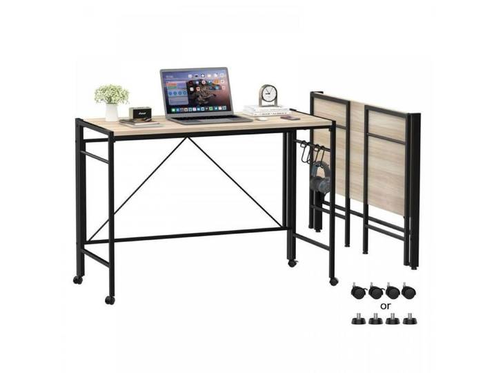 LVHCMFOHM Table de Bureau Pliante Roulettes - Bureau d'Ordinateur Pliable avec 2 Crochets - 110×50×75 cm - Bois+Noir
