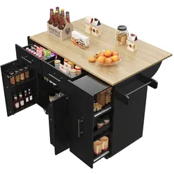 OKWISH Kücheninsel Servierwagen Schwarz 110x74x91 cm klappbare Tischplatte mit Stauraum und Rollen, MDF Holzoptik, Metallgestell