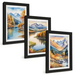 BILDER SET 3er Set - 20x30 cm Schwarzer Rahmen - Gebirgsflüsse, Herbstbäume