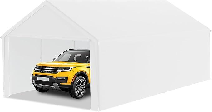 Carport Zeltgarage 4x8 m Große Garagenzelt Lagerzelt mit Abnehmbar Seitenwände Winterfest Mobile Garage Unterstand Weidezelt für Auto SUV LKW, Weiß