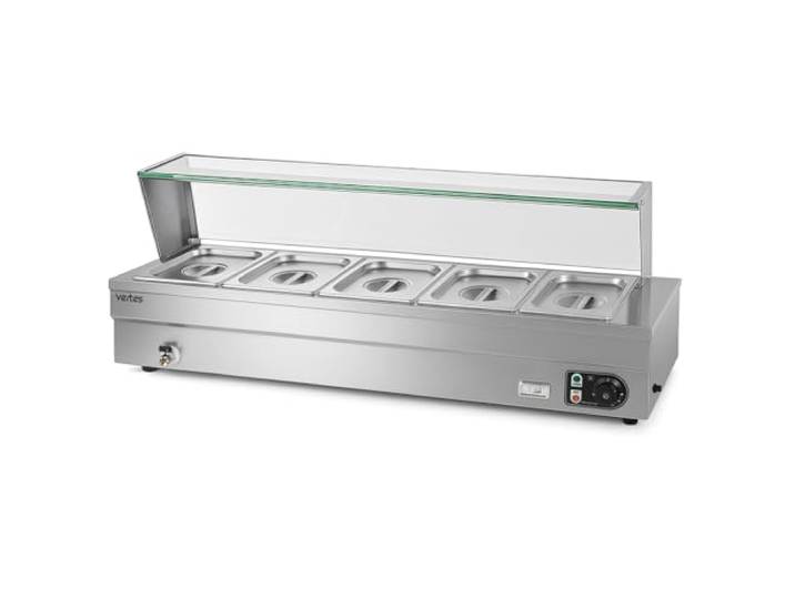 VERTES Speisenwärmer Buffetwärmer Wärmebehälter Für Speisen Elektrisch 1500W aus Edelstahl (Inkl 5x 1/2 GN Behälter mit Deckel, 10L, Ablasshahn, Glas Abdeckung, Bain Marie Wasserbad, 30-85°C)
