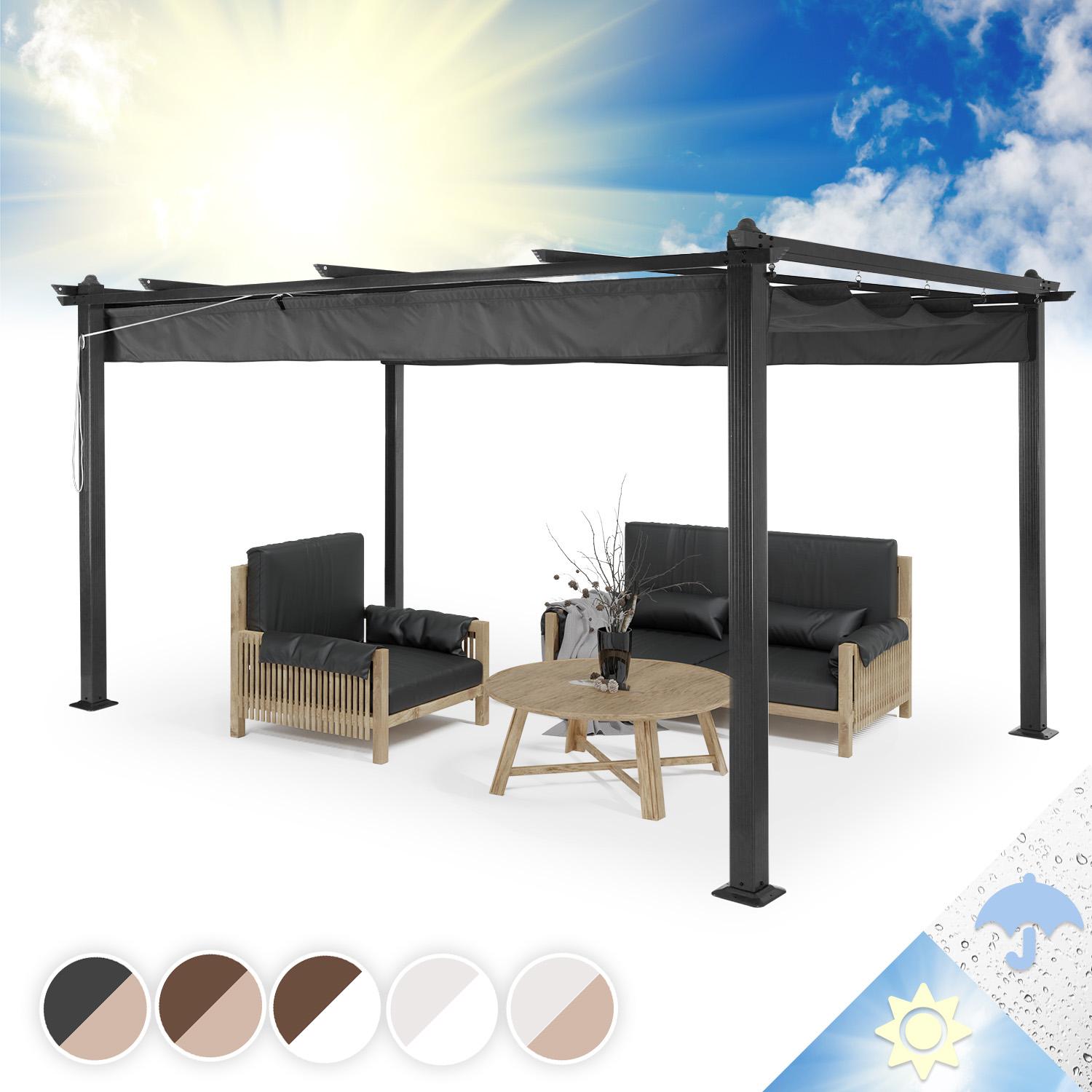 blumfeldt Pantheon Pergola 3×4 m - Gartenpergola aus Aluminium, wasserabweisendes Dach, anpassbarer Sonnenschutz, Bodenanker, UV-Schutz