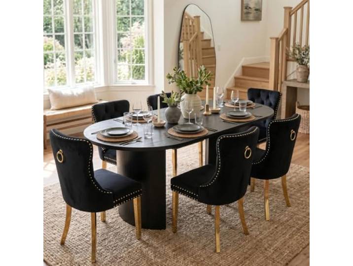 SoarTalent 6er Set Esszimmerstühle Samt Goldbein, Schwarz/Gold Samt gepolstert, Nagelkopfbesatz, vergoldeten Beinen, Metall-Ziehring, für Esszimmer & Wohnzimmer