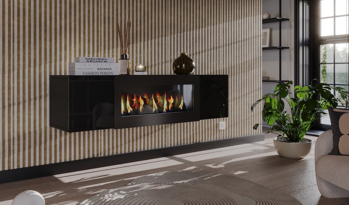 Meubel Square Dressoir met open haard - Hoogglans Zwart - Zwevende kast met bio-ethanol haard