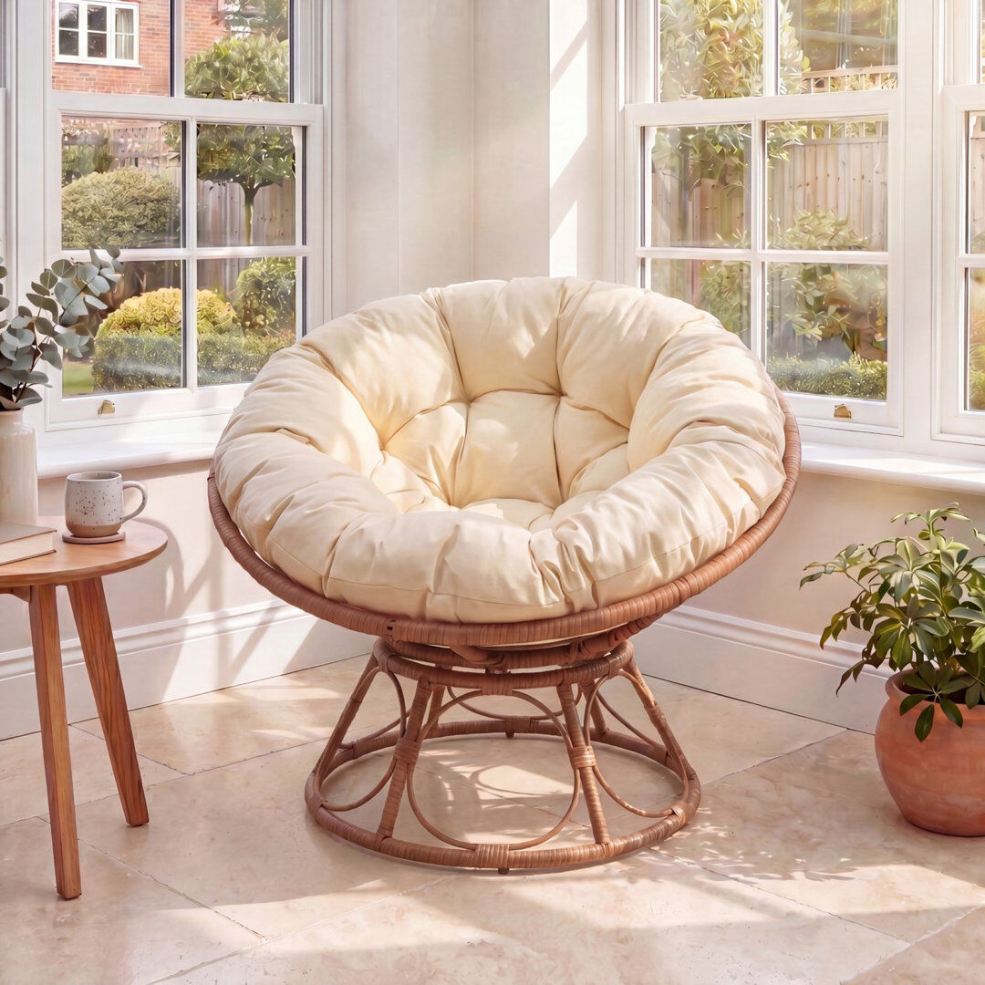 World Menagerie Upholstered Swivel Papasan Chair Natural/Cream Polyester 80cm H X 92cm W X 92cm D