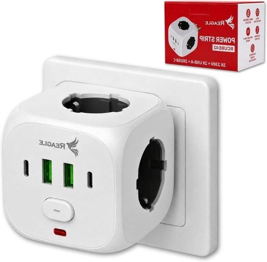 REAGLE Stekkerdoos Kubus Wit - 7-in-1 Verdeelstekker met 3 Stopcontacten en USB-poorten