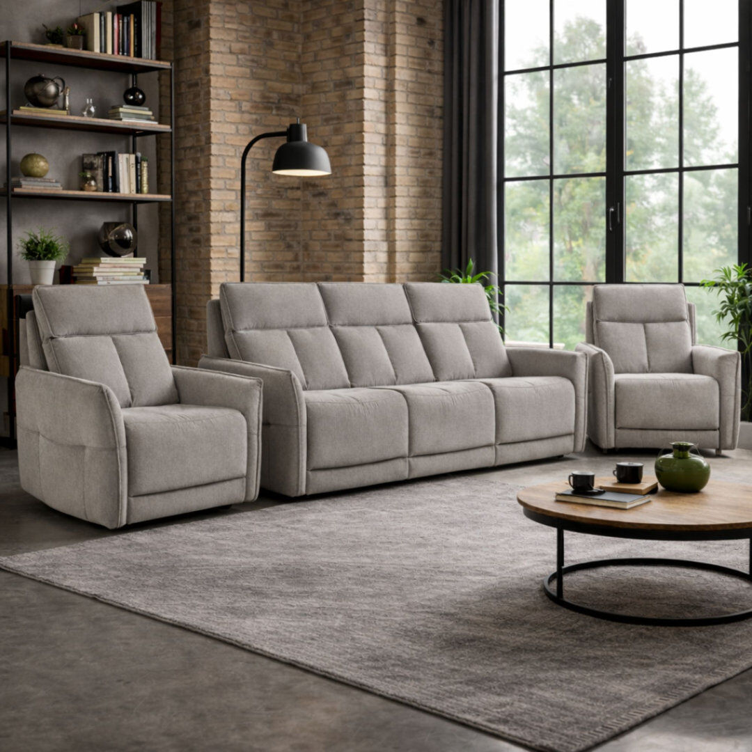 Fairmont Park Almita Fabric Upholstered Power Recliner 3 + 1 + 1 Sofa Set with USB Charging Fawn 3