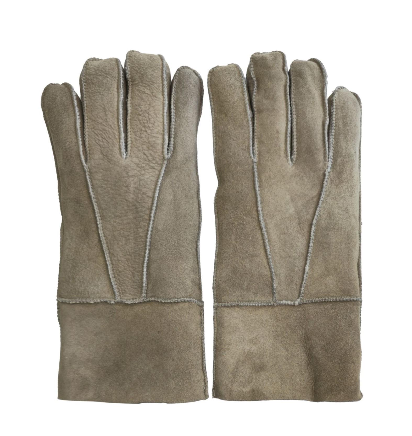 Unisex-Handschuhe aus Wildleder und Schaffell in Stein mit aufrollbaren Bündchen