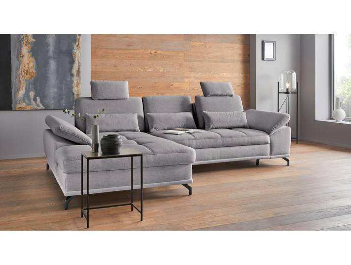 Ecksofa GOODPRODUCT Costello L-Form, Sitztiefen- & Armteilverstellung, 3 Nierenkissen , grau, B:301cm H:89cm T:176cm, 100% Polyester;Samtoptik (100% Polyester), Sofas, Ecksofa, optional Schlaffunktion & Stauraum, Federkern