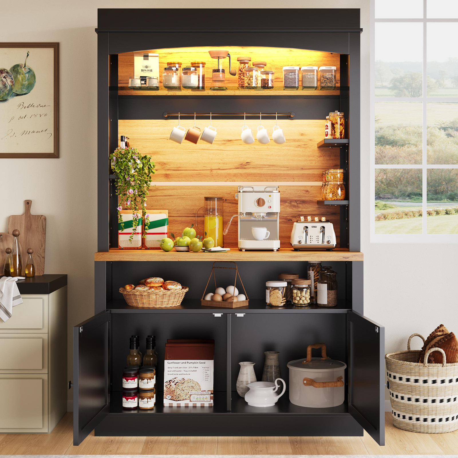 OKWISH Keukenmeubelset met Buffet en Hoge Keukenkast, Zwart