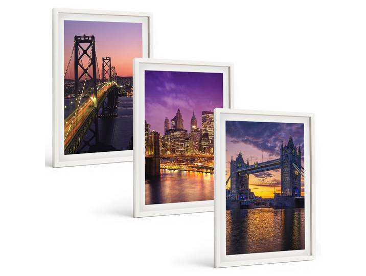 BILDER SET 3er Set - 40x60 cm Weißer Rahmen - Brücken, Sonne, Stadtblick