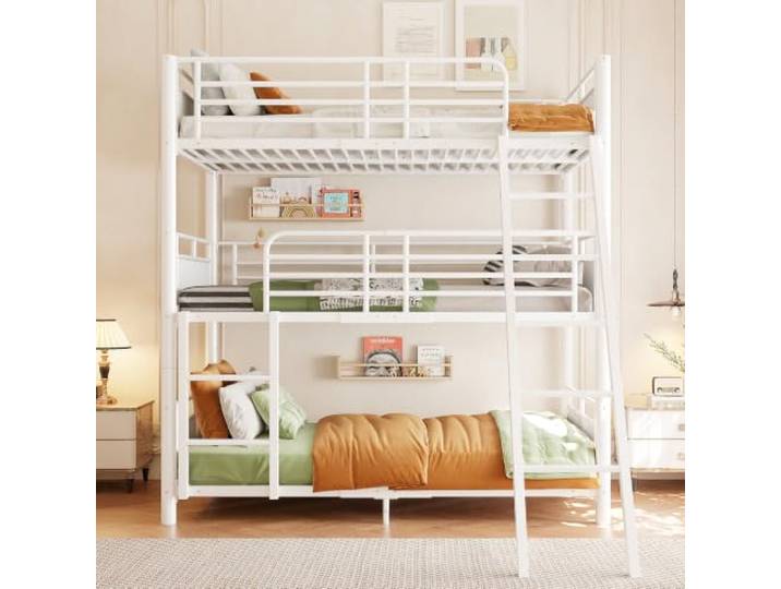 Merax Dreifach-Etagenbett 90x200 cm mit 3 Schlafebenen, abnehmbarem Design, Zwei Leitern und robustem Metallgestell – platzsparend für Mehrbettzimmer, Weiß (Ohne Matratze)