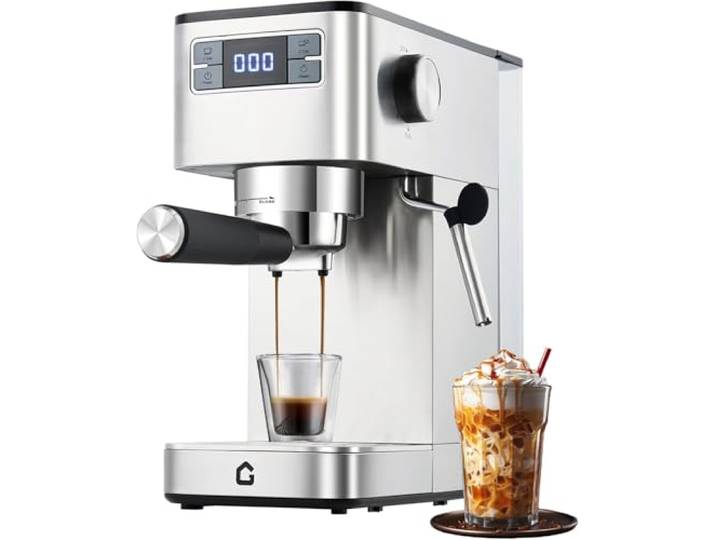 15 Bar Druck und kompaktes Design: Espressomaschine aus Edelstahl, halbautomatisch mit Milchaufschäumer, herausnehmbarer Wassertank von 1,25 l, digitales Display, perfekt für Capuchi