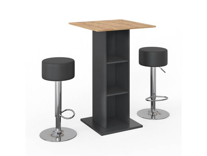 Vicco Bartisch-Set Rodeo Anthrazit 70 x 70 cm mit 2 Barhockern, Holzwerkstoff, 3 Fächer, Rechteckig,Rechteckig, 70x109x70 cm, Esszimmer, Barmöbel, Barschränke &Theken
