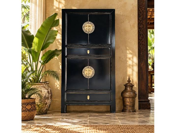 OPIUM OUTLET Kleiderschrank Schrank Hochzeitsschrank Asia Möbel komplett montiert (Wohnzimmer Schlafzimmer Antik-Stil, Hoch-Kommode BxTxH: 80x42x154 cm) Vintage-Stil asiatisch chinesisch orientalisch