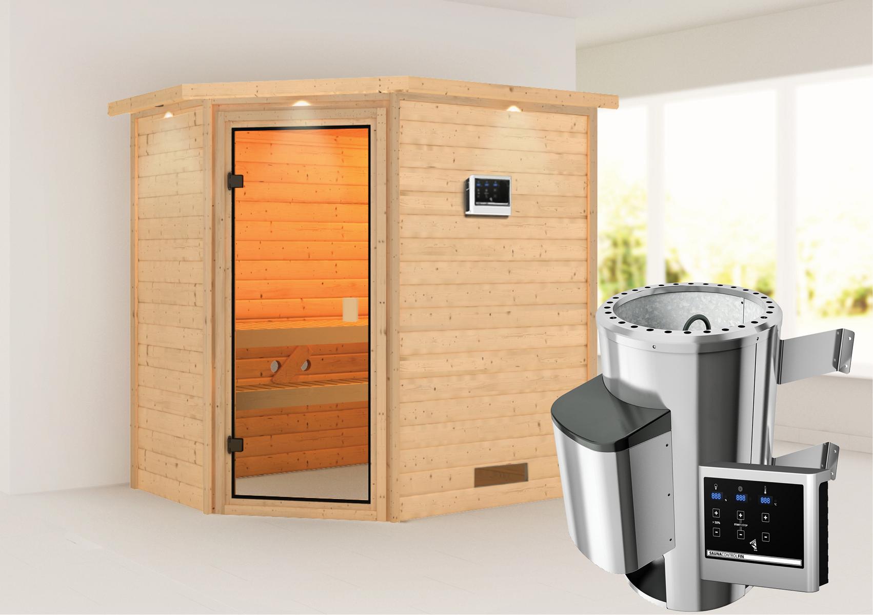 KARIBUHOLZT Sauna Jella Eck, 3,6kW ext. Strg. m.Dachkranz 16880470