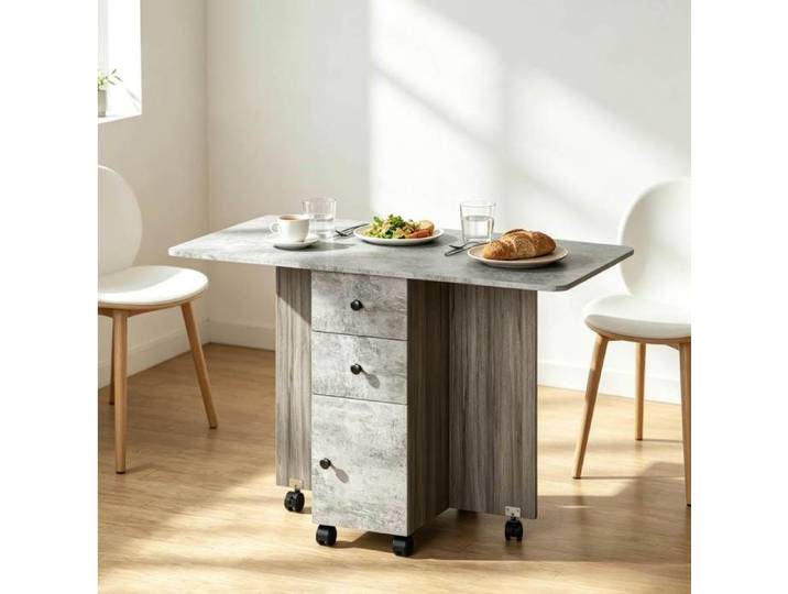 Table à manger pliante stilvora grise 120 × 60 × 76 5 cm dépliée 2 plateaux rabattables tiroirs et 6 roulettes