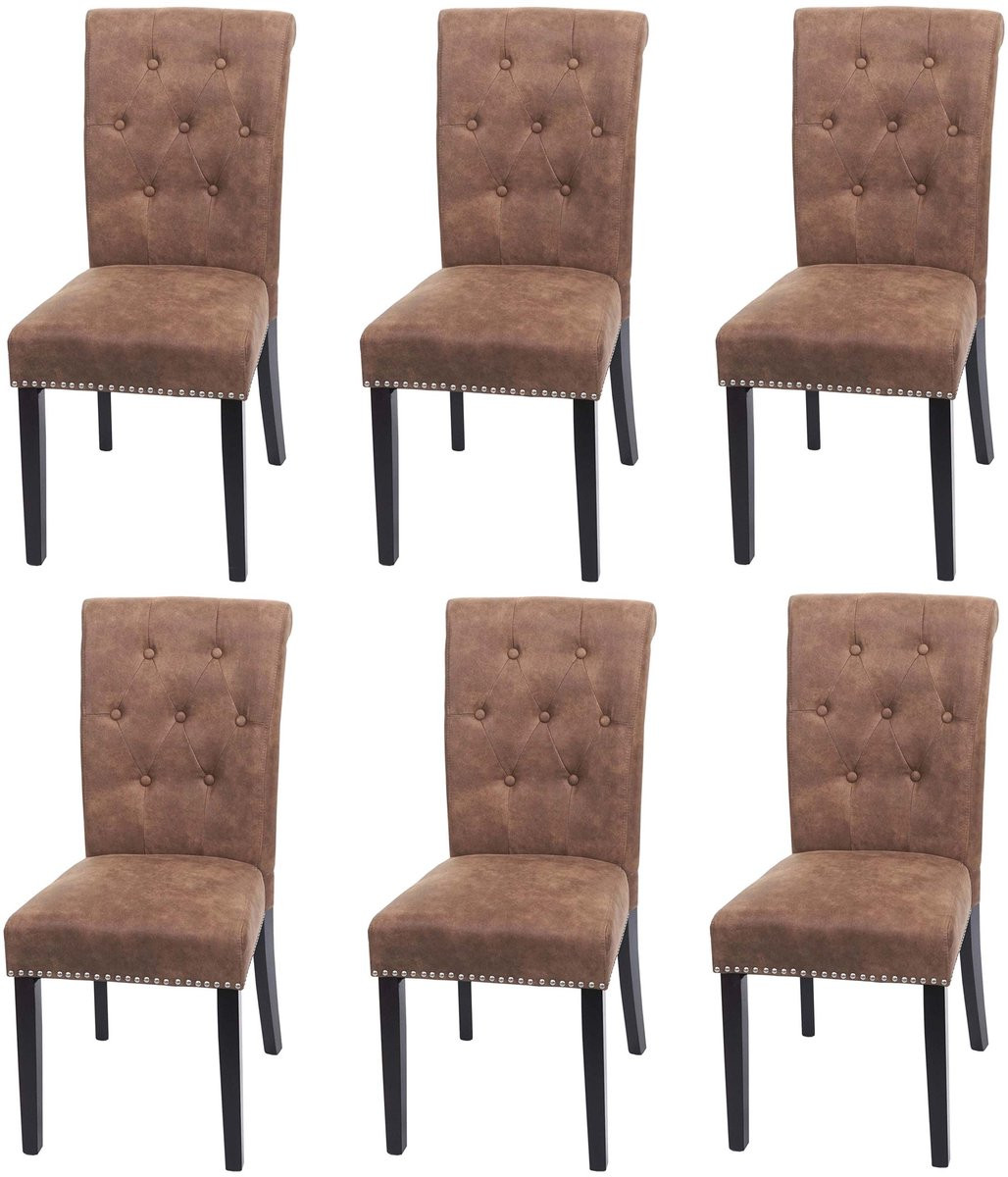 Set van 6 MCW Chesterfield II eetkamerstoelen met klinknagels, bruine stof, donkere poten