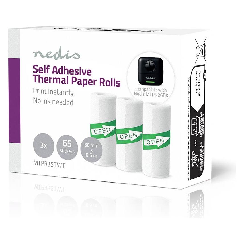Nedis Printerrollen | Stickerpapier | 3.00 M | 56 mm | 3 PCs | White (MTPR3STWT)