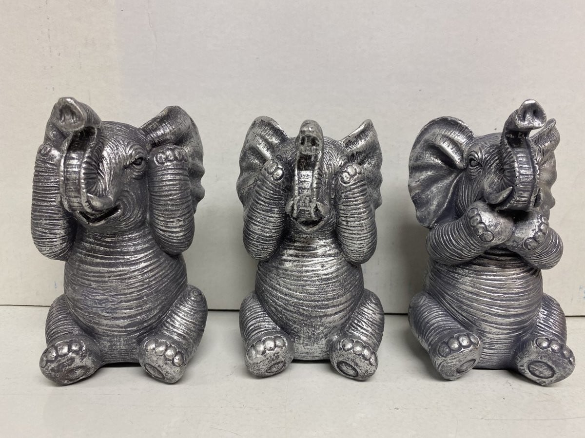 Set van 3 zilveren olifanten beeldjes horen zien zwijgen van polyresin, Hoogte: 13 cm