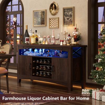 Rackcog "Farmhouse 47"" Wine Bar Cabinet with Power Outlets & LED Lights, Industrial Coffee Bar Liquor Cabinet with Shelves & Wine Rack"