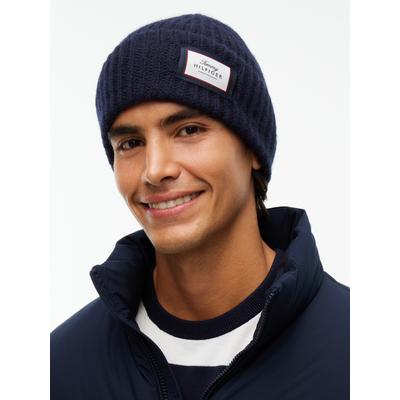 Beanie TOMMY HILFIGER "TH WOOL", Damen, blau (space blau), Strick, Wolle, Mützen Beanie, aus grobem Rippstrick in reiner Wolle