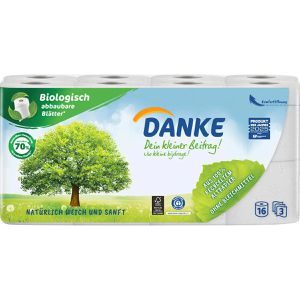 Danke Toilettenpapier natürlich weich & sanft, 3-lagig, Recyclingpapier, 150 Blatt, 16 Rollen