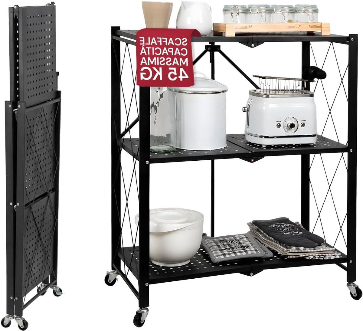 Opvouwbaar metalen opbergrek in zwart voor keuken of home office, Diepte: 34 cm