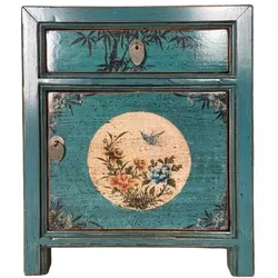 OPIUM OUTLET Möbel Kommode Nachttisch Nachtschrank Nachtkonsole Nachtkästchen asiatisch chinesisch orientalisch Holz türkis 35191-14