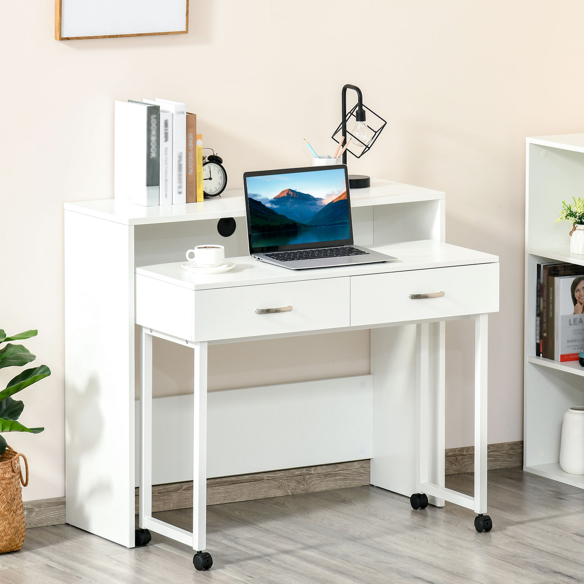Homcom Scrivania per Camera e Ufficio con Cassetti e Ruote, Postazione di Lavoro Doppia o Singola, 100x36x88cm, Bianco Aosom