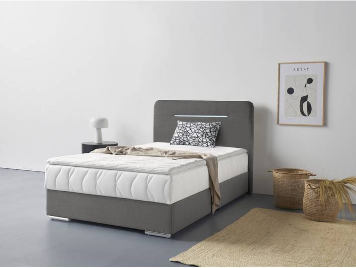 Boxbett, Polyester, Grau, 126×207 cm, Mit LED-Beleuchtung & Bettkasten, Modern, Cotta