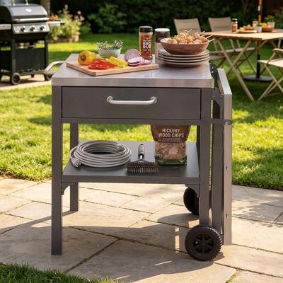 Foldable Outdoor Kitchen Cart, Patio BBQ Cart Grill Cart with Stainless Steel Top and Storage Space for Backyard