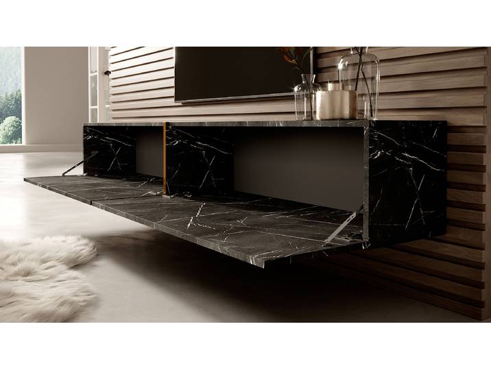 Meuble TV suspendu Bisira Panneau de particules revêtu Noir/Imitation marbre noir 200cm