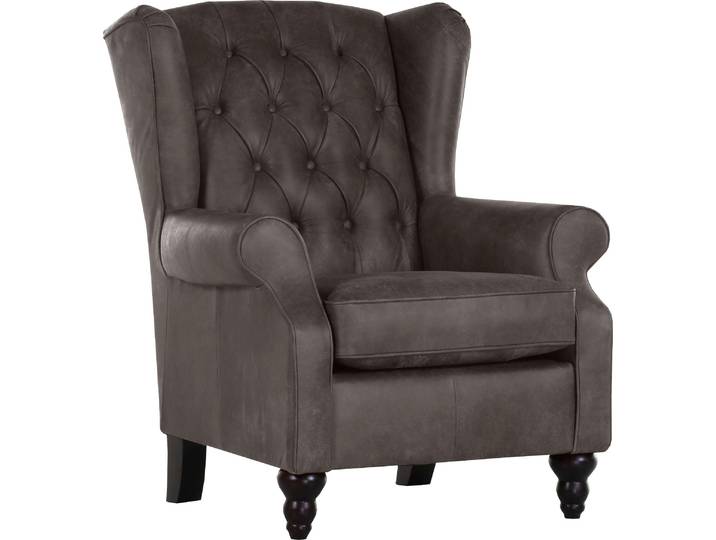 Ohrensessel, Anilinleder, Grau 83×102×89 cm, Mit Wellenunterfederung, Landhaus, Gutmann-Factory