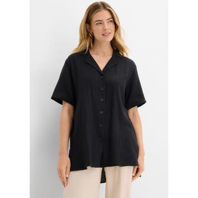Hemdbluse BONPRIX, Damen, Gr. 44, schwarz, Web, Obermaterial: 100% Baumwolle, unifarben, oversize Po-bedeckend, V-Ausschnitt, Blusen Hemdbluse, in weiter vokuhila Passform, reine Baumwolle, Kurzarm