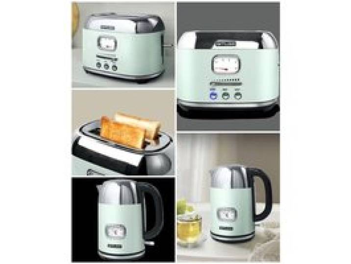 BOUILLOIRE VERT RETRO VINTAGE SANS FIL 2200W 1.7L INOX + GRILLE-PAIN VERT 2 FENTES INOX