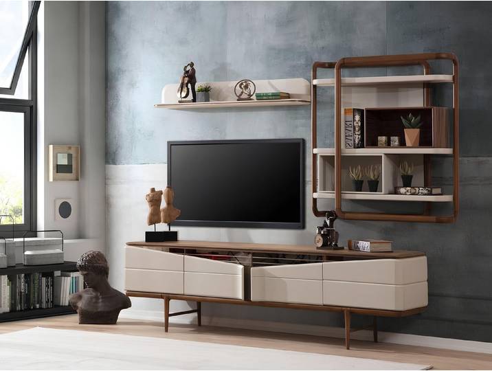 Xlmoebel TV-Board Beiges RTV-Lowboard mit Holzregalen für elegantes Wohnen (RTV-Lowboard mit Holzregalen, 3tlg.Wohnzimmer Set (RTV Lowboard+2x Regale), Hergestellt in Europa